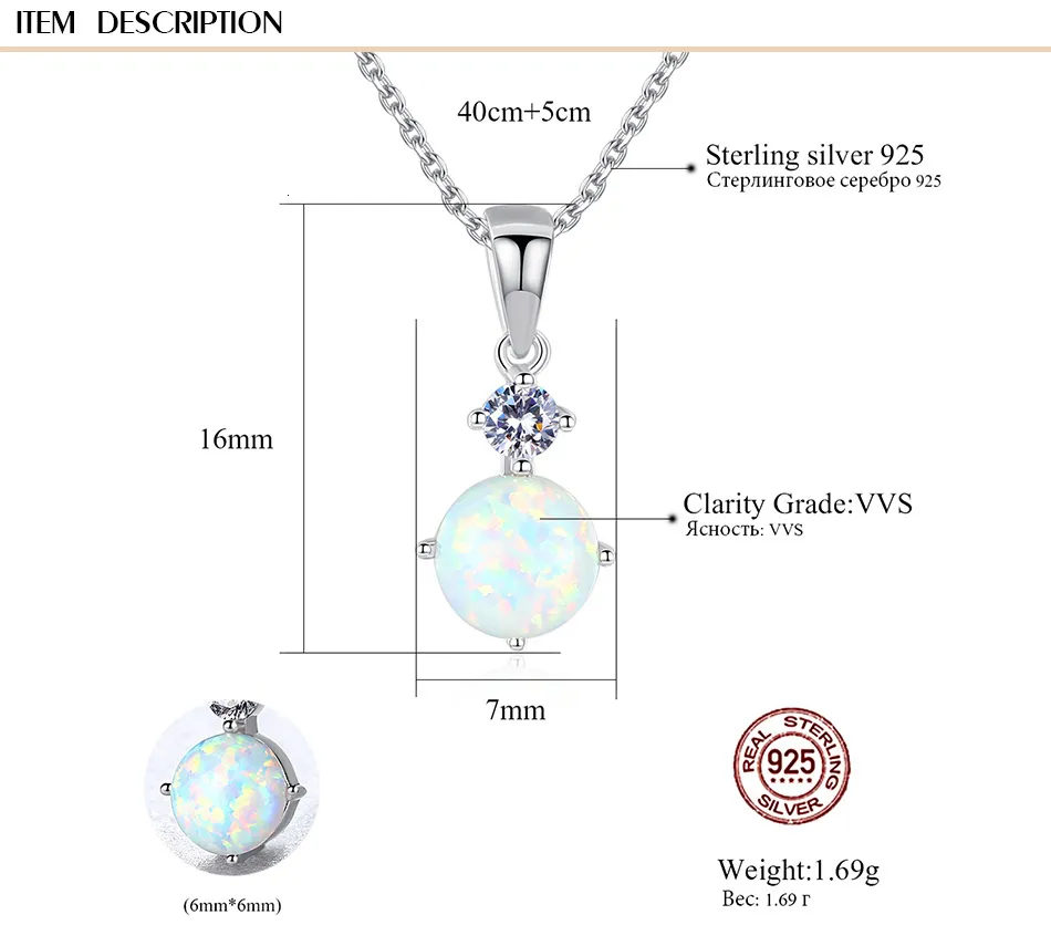 Exquisite Sterling Silver 925 Round Opal Pendant Necklace for Women Cut Chain Necklaces Fashion Jewellery2253887