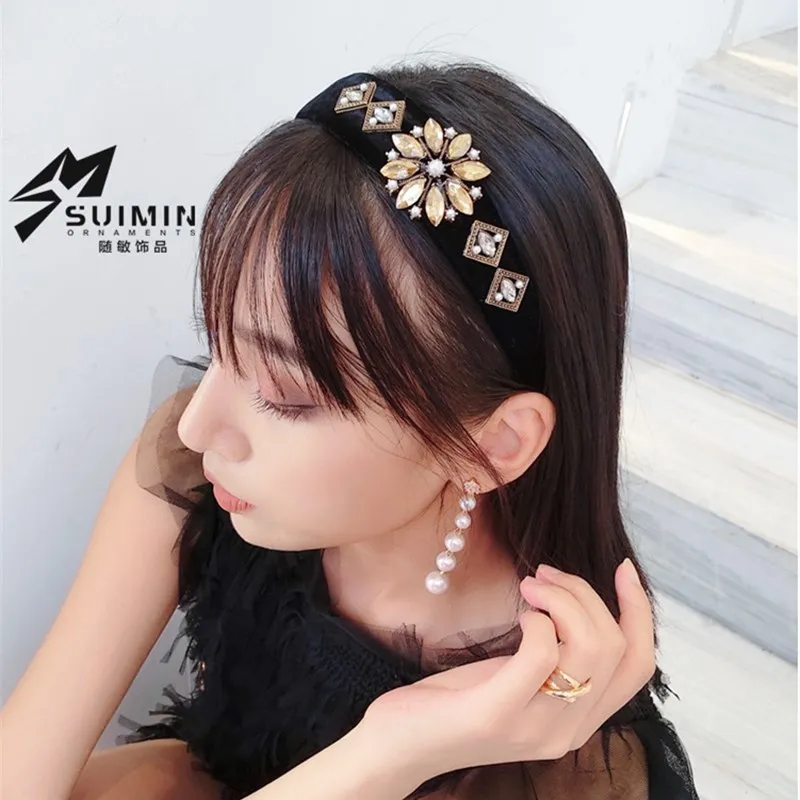 Accessoires de cheveux haut de gamme femmes diamant cristal fleurs super flash large bandeau latéral mode fille bandeau de cheveux chapeaux