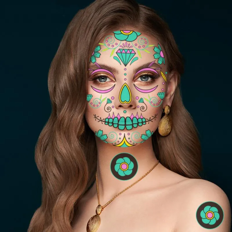 Halloween lysande tillfällig tatuering klistermärke ansiktsmakeup special ansiktsdag av de döda skalle klär upp halloween cosplay dekor3367127