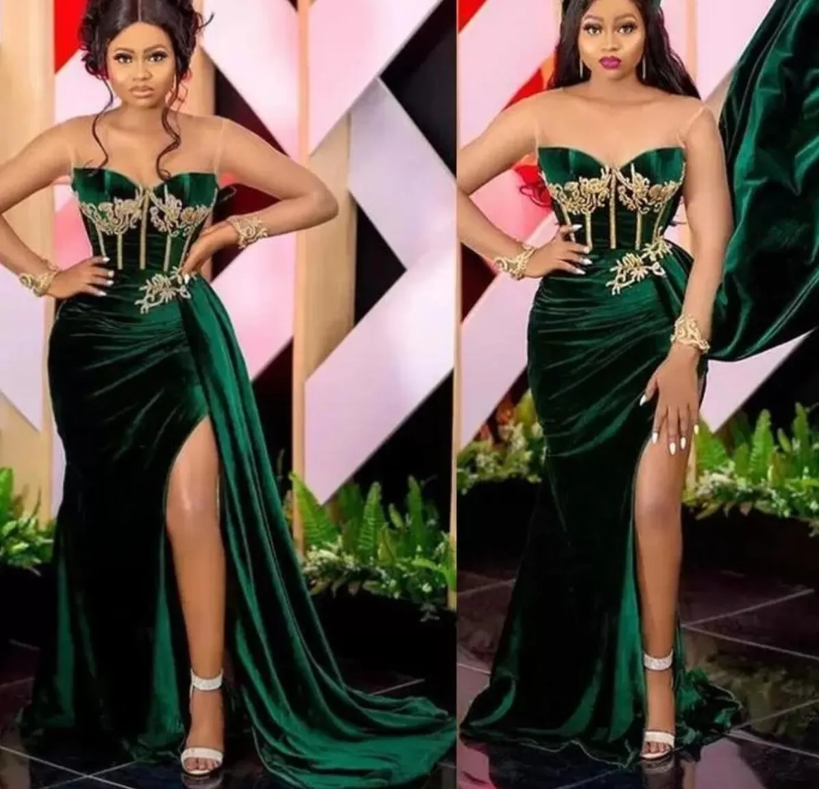 2022 Smaragdgroen Afrikaanse Prom Party Jurken Sexy Slit Sweetheart Arabisch Aso Ebi Fluwelen Plus Size Avond Gelegenheid Gown dragen B080289k