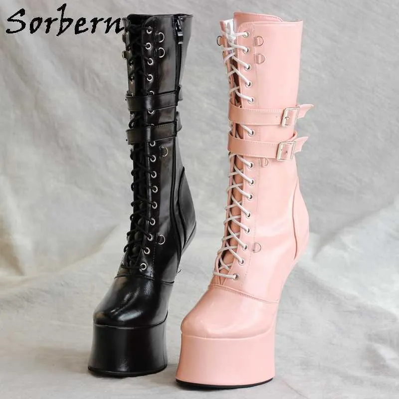 Sorbern 이국적인 레이스 업 말 구두 Mid Calf Boot Multi Colors Heelless Fetish Play 재미있는 부츠 더블 스트랩 사용자 정의 색상