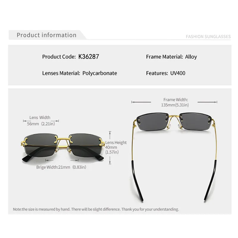 HBK Gradien Blue Lens Rimless Square Sunglasses Men TOP Quality Metal Unisex Glasses For Men Frameless Men's Sunglasses 220429