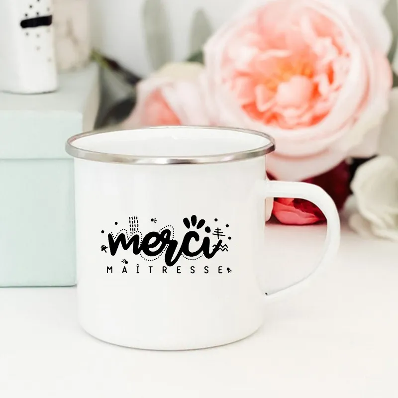 French Flower Printed Mugs Creative Coffee Tea Cups Drinks Water Milk Cup Enamel Mug School Home Handle Drinkware Teacher Gifts 220714