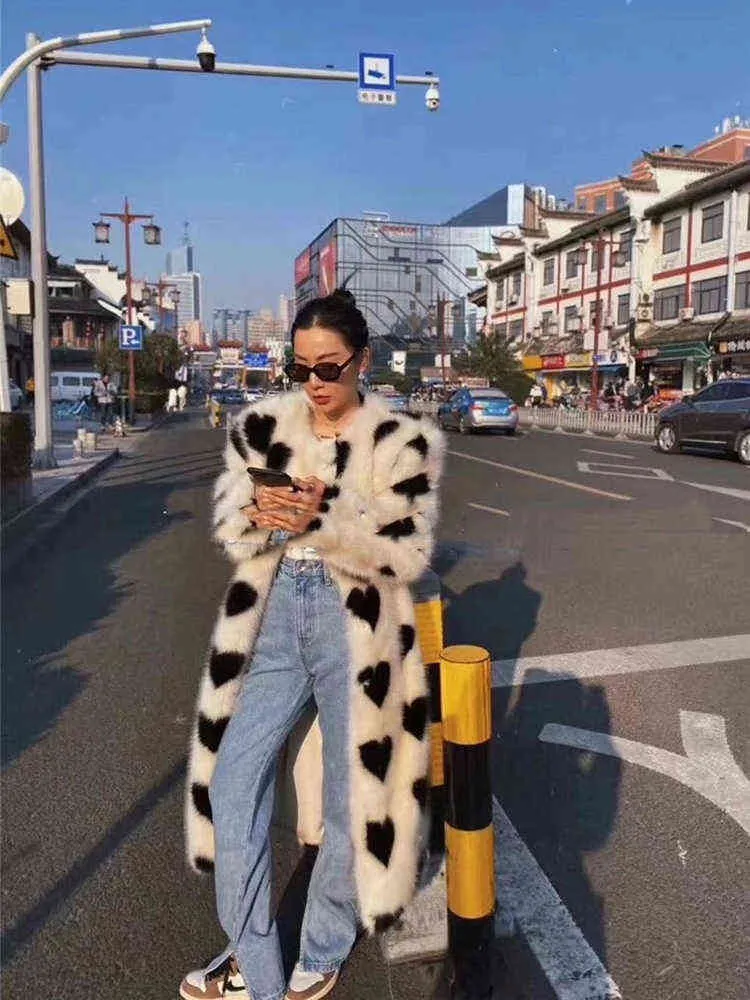 Long Fur Coat Love Print Fake Fur Coat For Women Midi Warm Plush Jacket Female Winter Faux Fur Jacket Clothes Korea Ladies T220716