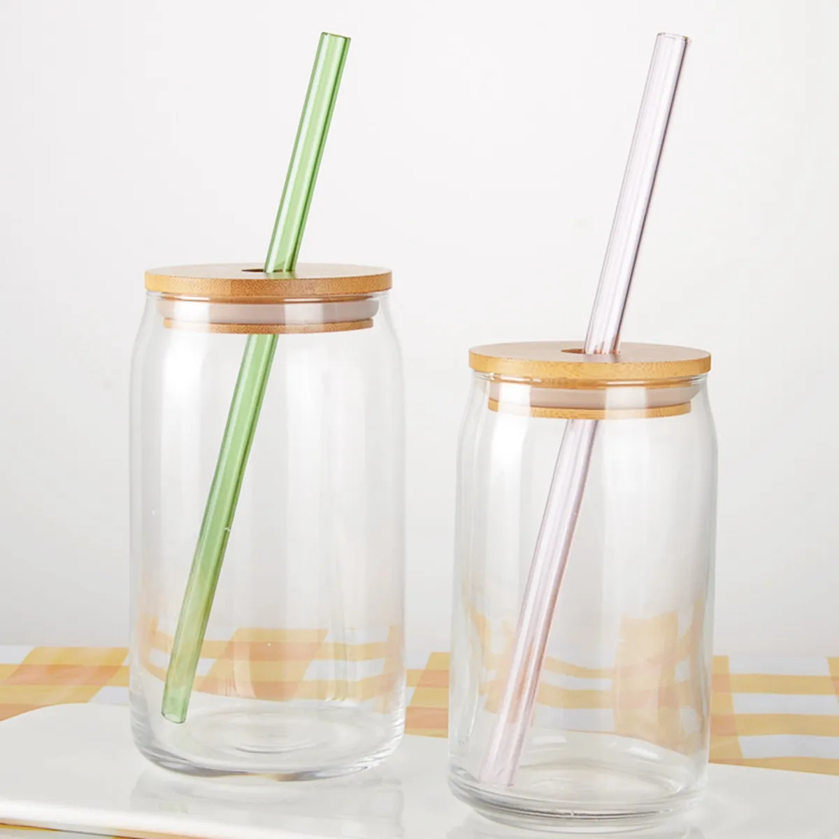 US CA Sublimation 16oz Gradient Glass Cups Can Tumbler with Bamboo Lid Straw Beer Iridescent Mug Transparent Frosted Soda Drinking