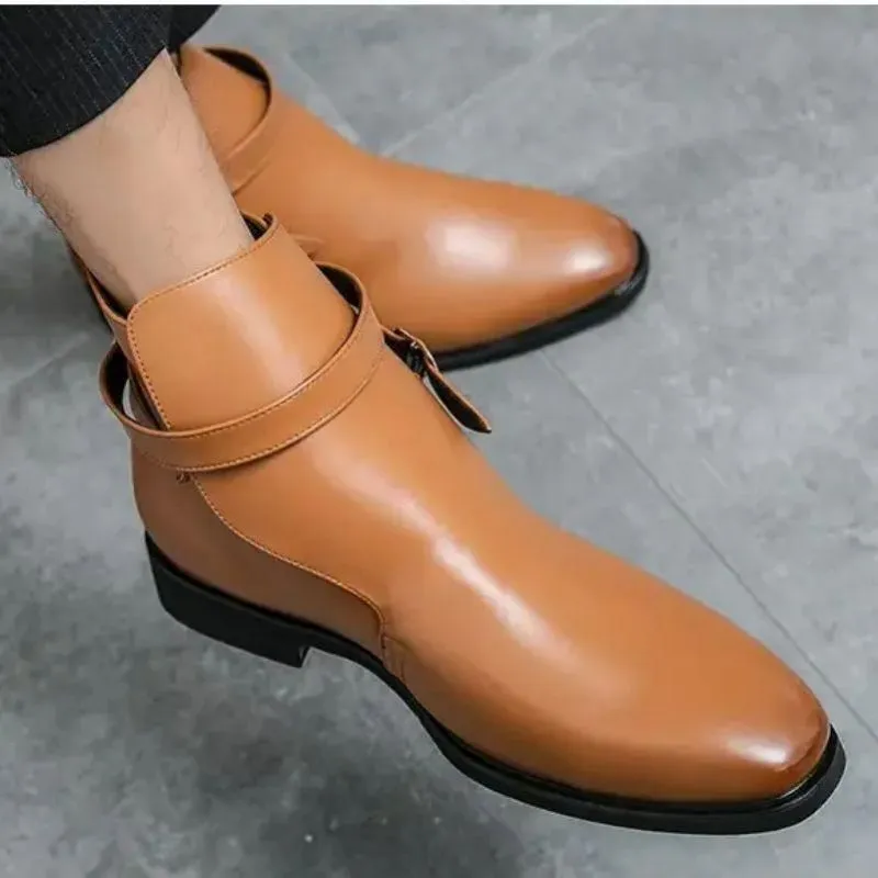 Män ankelstövlar affärsformella skor låg klackspänne rund tå dekoration brittisk stil mode retro mångsidig dh903