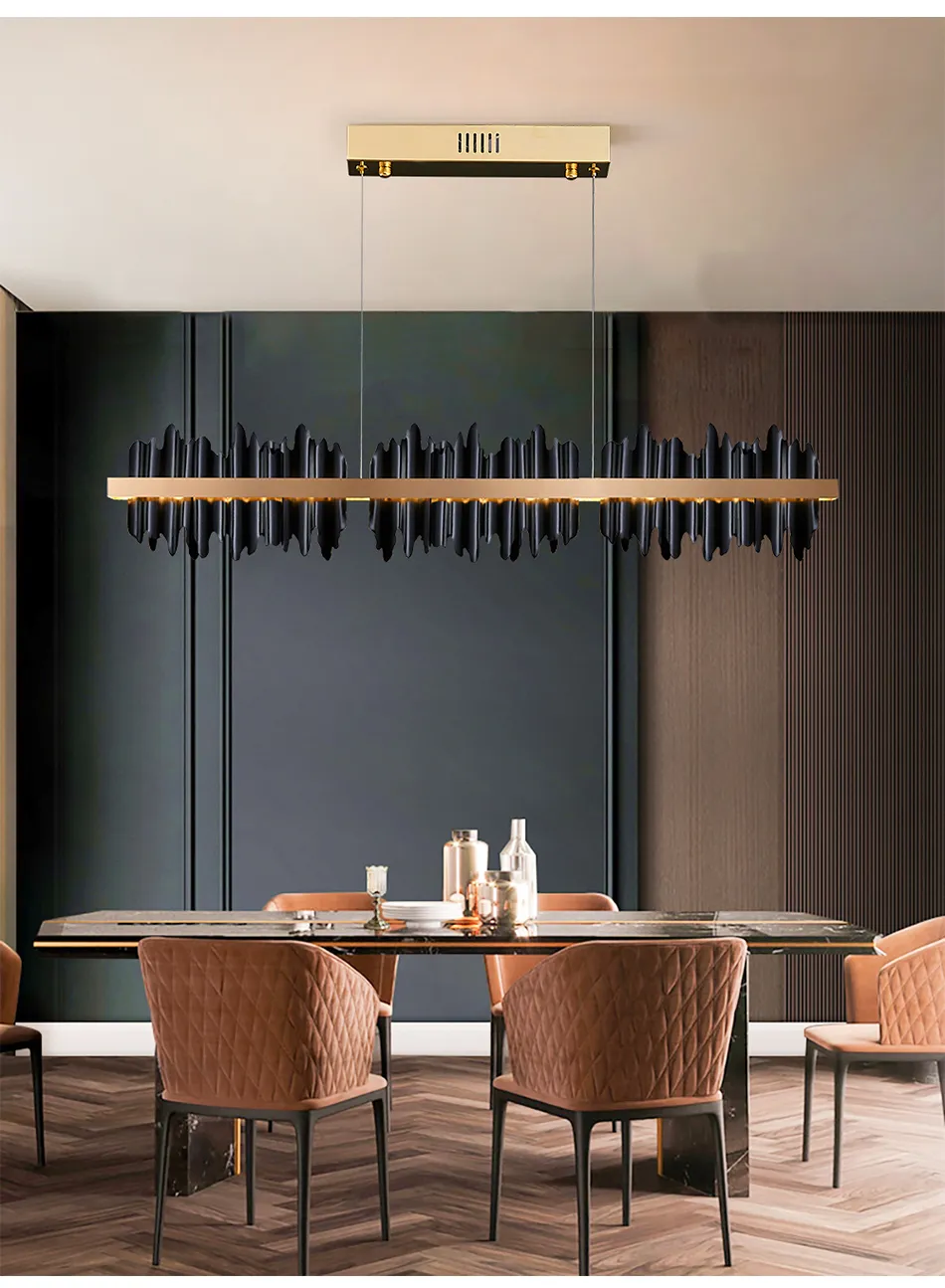 Schwarzer Esszimmer-Kronleuchter, rechteckig, LED-Heimdekoration, Leuchte, modernes Design, Kupfer, Kücheninsel, Hängelampe, 235 V