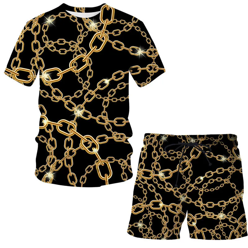 Shorts de moda Cadeia de ferro 3d Camiseta de verão Terno de desenho animado Mulher Roupa Cool Hip Hop Luxury Short Sleeve Conjuntos 220526