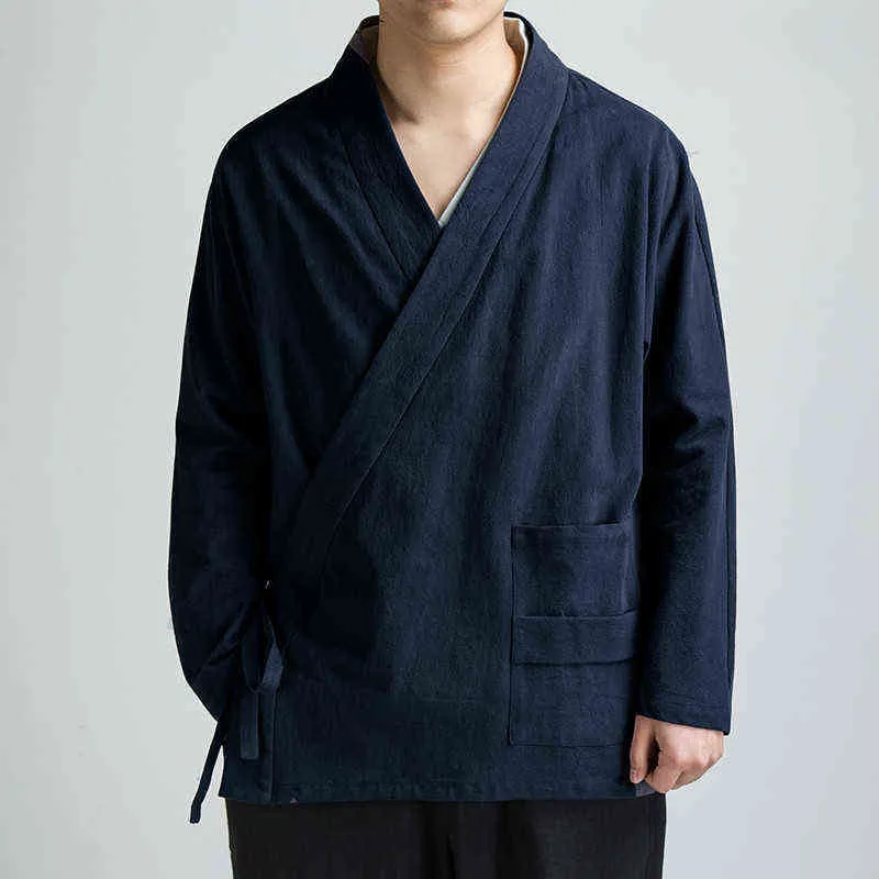 Traditionell öppen sömmen Män bomullslinnjacka män kimono cardigan manlig harajuku outwear mens kongfu rockar 5xl l220706