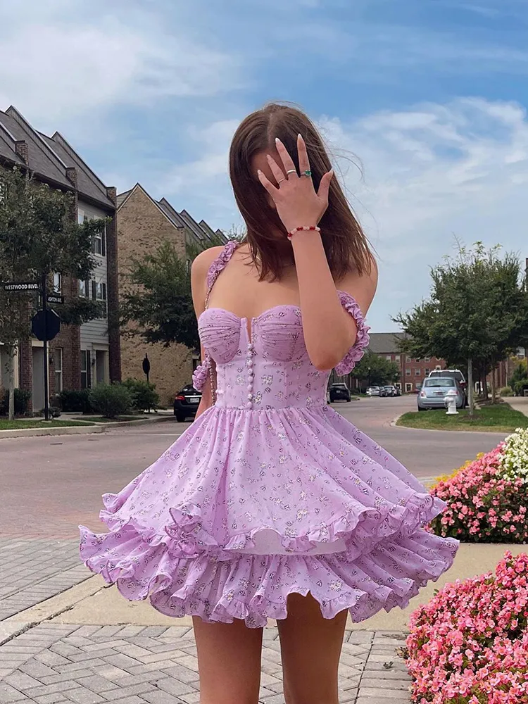 WannaThis – Mini robe à volants, imprimé Floral, Sexy, bouton violet, sans manches, Y2K, décontractée, mode, robes de soirée élégantes, 220705