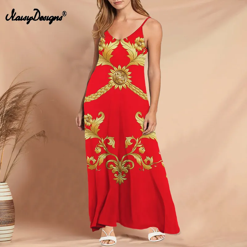 Noisydesigns Sexy Long Dress For Women Whlte Sling Sleeveless Casual Beach Red Luxury Floral Print Dresses Vestios Plus Size 4XL 220627