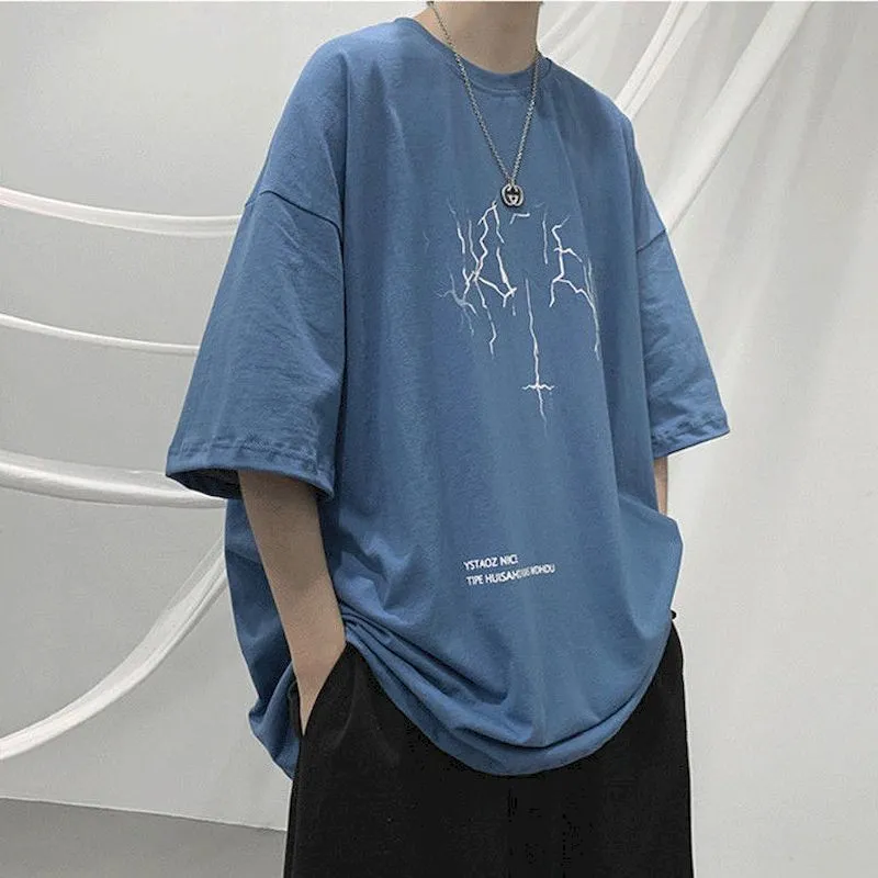 Zomer oversized t-shirt mannen t-shirt vrouwen bliksemafdruk met korte mouwen t-shirt retro donkere jas Koreaanse losse trend Harajuku 220509