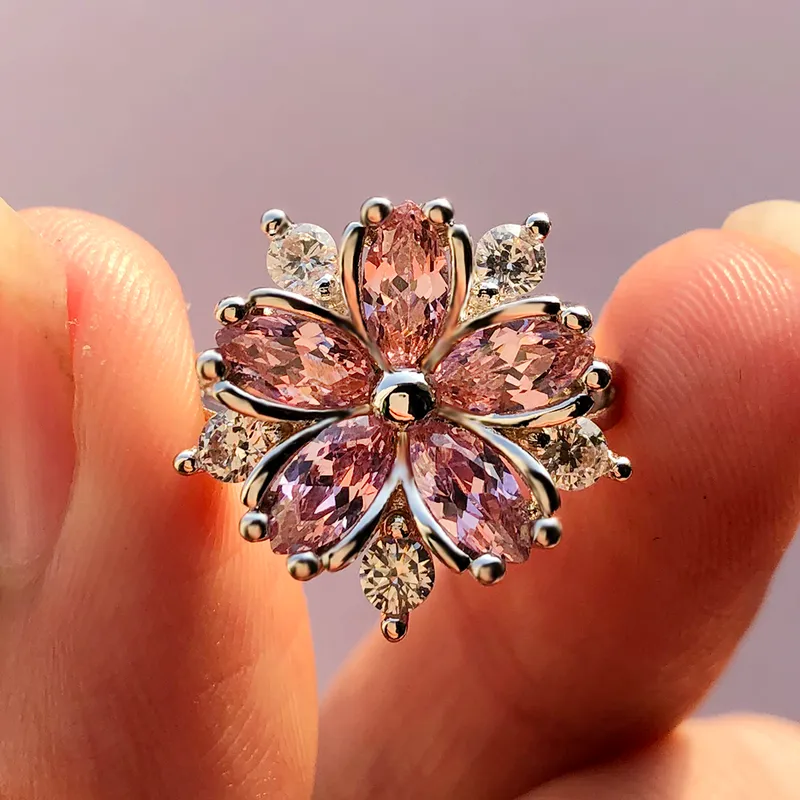 Carino femminile rosa cristallo pietra anello fascino argento colore sottile matrimonio s le donne delicato sposa fiore zircone fidanzamento 220719