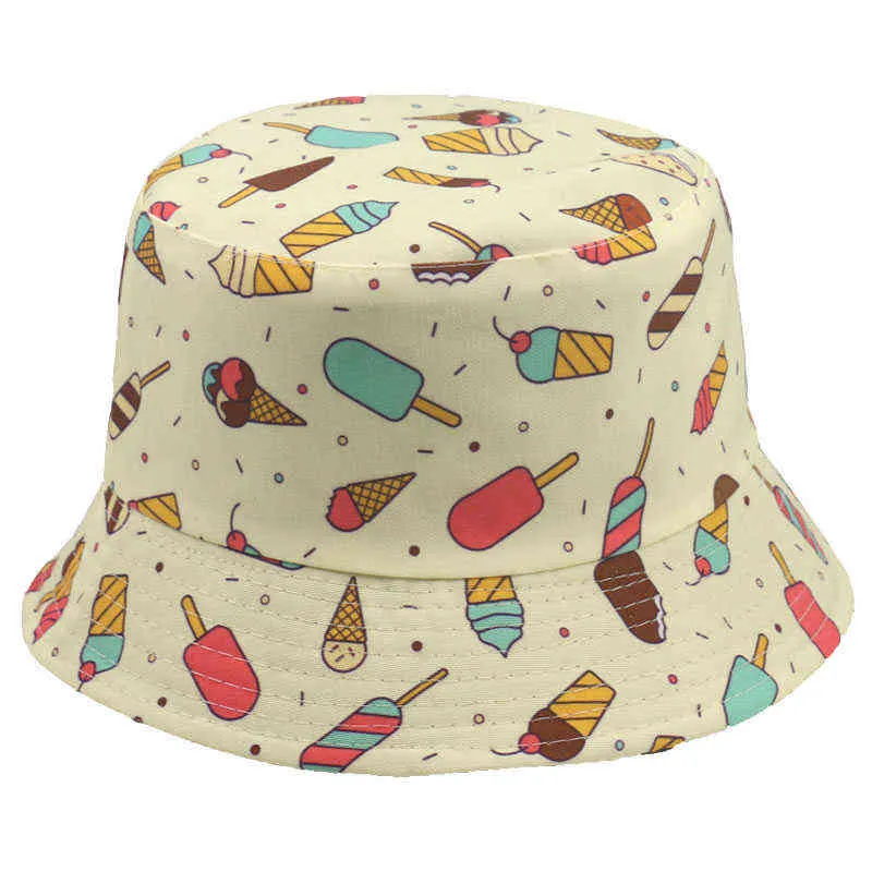 New Fashion Cute Primavera Estate Nero Bianco Gelato Ghiacciolo Stampato Buckethat Sun Cappellini da pesca Gorras G220418