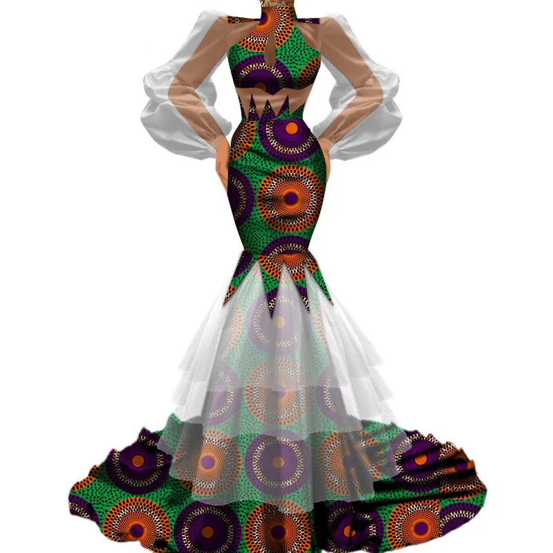 BintaRealWax Neue Design Frauen Elegante Bodycon Hohe qualität Tutu Tüll Gaze Patchwork Afrikanischen Stoff Hochzeit Party Rock Kleider WY4720