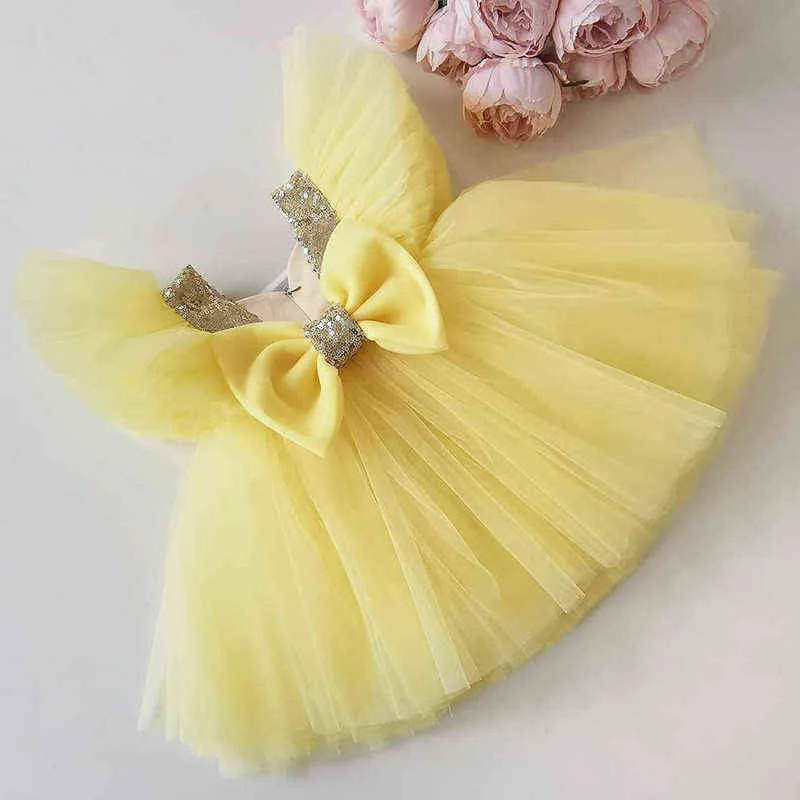 Pullu Bebek Kız Elbise Kolsuz Çiçek Kız Elbise Diz Uzunluk Elbiseler Kızlar İçin Bow Puffy Pageant Süslü Gelinlik 3-8 YRS Y220510