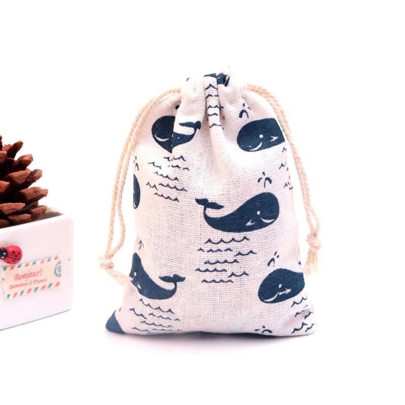 10x14cm Linen Printed Cotton Gift Bags Packing Jewelry Drawstring Pouch Cosmetic Wedding Candy Wrappling Reusable 220420