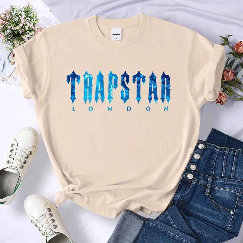 Trapstar 해저 블루 프린트 Tshirt 여성 여름 통기성 캐주얼 짧은 슬리브 스트리트 힙합 힙합 티 의류 소프트 탑 220618