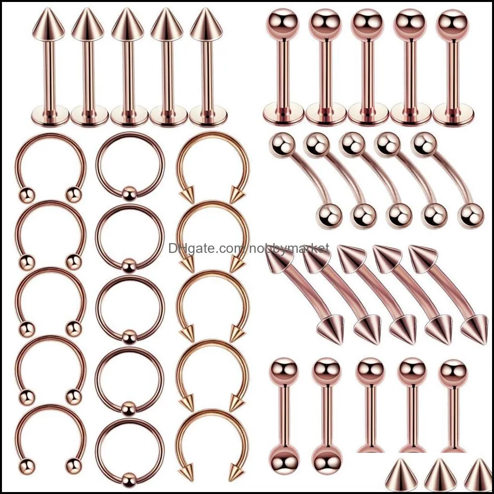 40PCS Surgical Steel Body Jewelry Bulk Nose Tongue Bar Eyebrow Labret Piercing Set Horseshoe Ring Lot Pack