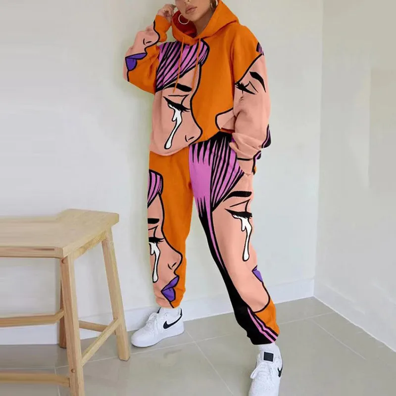 Stijlvolle print trainingspak vrouwen twee stuk set lente herfst kleding oversized sweatshirt wide poot broek pakken stromwear outfits 220315