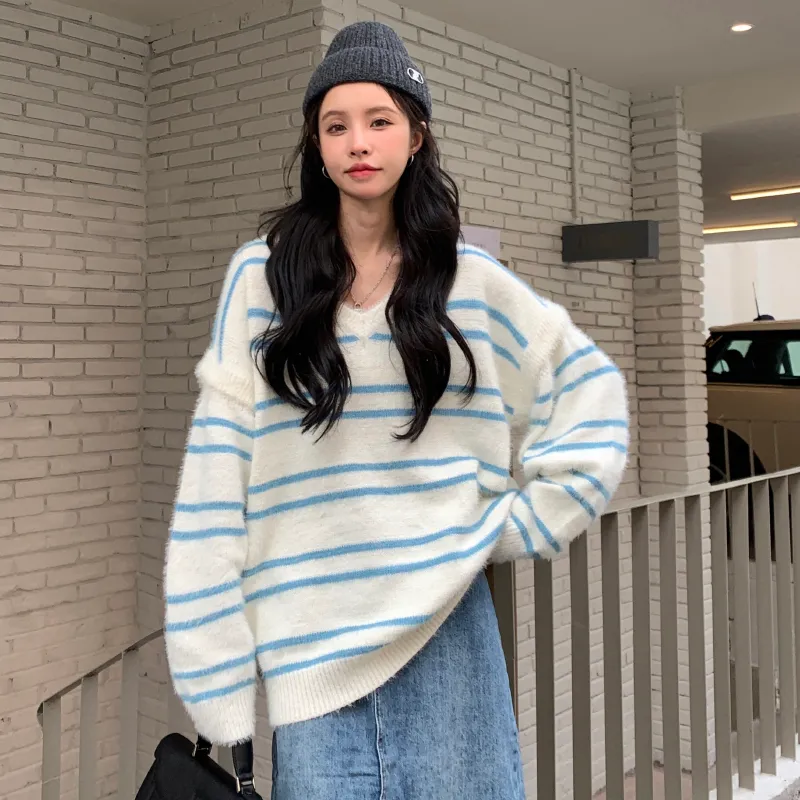 Koreańska moda luźna zimowa damska odzież swetra niebieskie paski v szyja zdejmowane rękawy pullover długie rękawy dzianinowe topy 220817