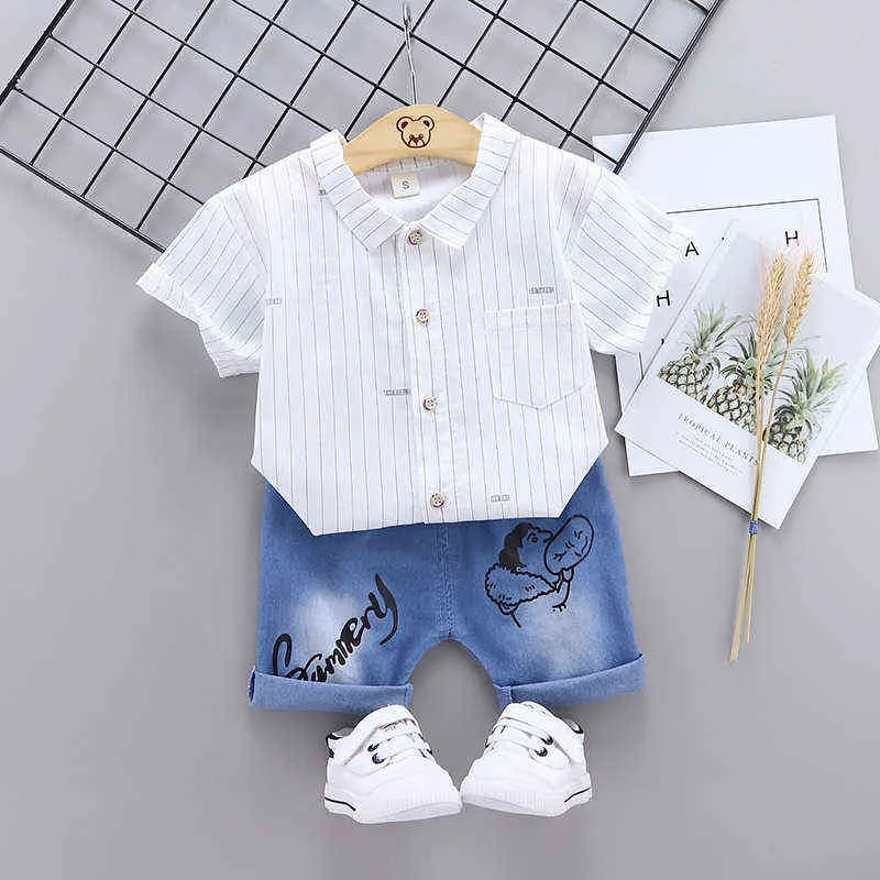 0-4-jarige baby Solid Color Striped Shirt Short Sleeveved Suit 2022 Zomer Nieuwe T-shirt jeans tweedelig Casual Sportswear G220521