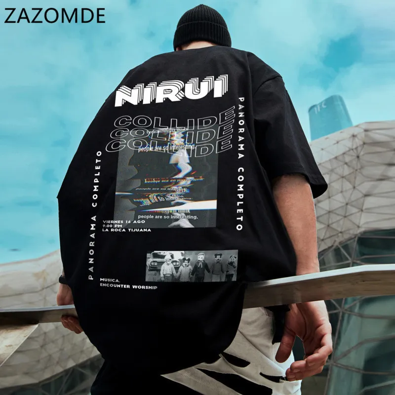 ZAZOMDE Tees Shirts Hip Hop Streetwear Harajuku Men Print Front Pocket Short Sleeve Cotton TShirts Casual Loose Tops 220622