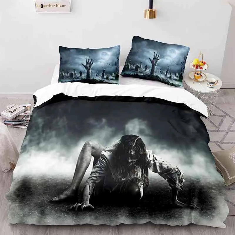 Horror Theme Däcke Cover Set Gothic Spooky Sängkläder för tonåringar Vuxna män Terror Halloween Quilt King/Queen/Full Size
