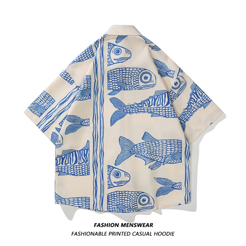 대형 아메리칸 스타일의 여름 튀김 거리 패션 소형 물고기 프린트 개인화 남성 캐주얼 셔츠 220712