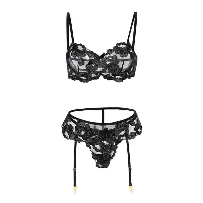 Lenceria Bordado Floal Conjunto de lencería Mujeres Sheer Push Up Bra And Panty Liguero 3 piezas Ropa interior erótica Viene Intimates L220727