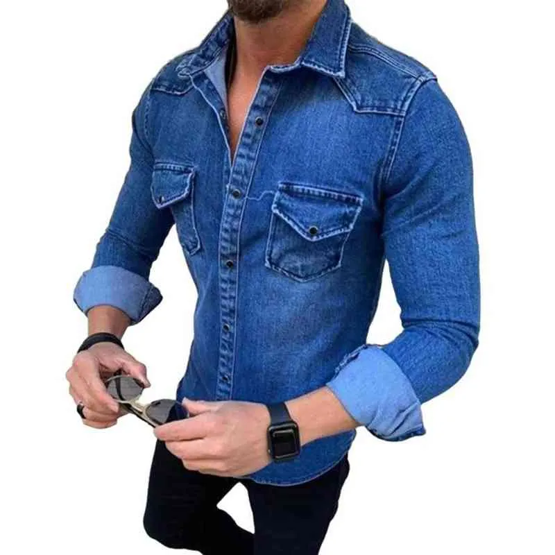 Frühling Herbst Herren Jeans Hemd Langarm Denim Hemden für Männer Weiche Baumwolle Zwei Taschen Slim Elastic Denim Hemden Chemise Homme Y220420