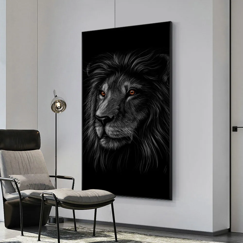 Brown Eyes Lion Black Canvas Painting Poster Nordic Print Wall Art Picture for Living Room Home Decor Wall Decor Frameless