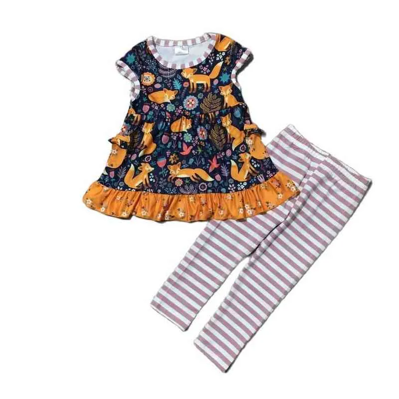 Girlymax Baby Girls Fox Floral Print Stripe Pants Set Dress Ruffles Romper Toddler Sister's Wear Family Look Kids Clothing