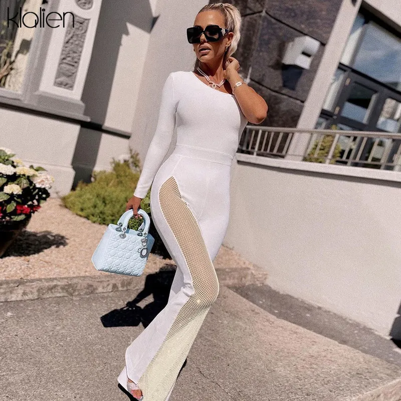 Klalien Fashion Elegant One Shoulder Mesh Patchwork Flare Pants Jumpsuit For Women Office Lady Street Solid Slim Female Romper 220505