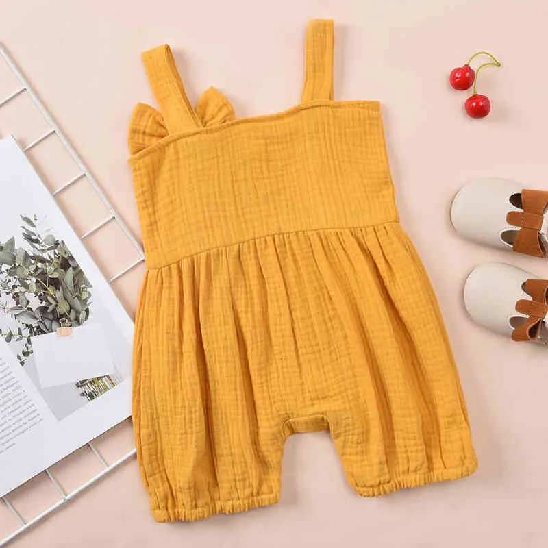 Baby Girl Romper Cotton Linen Muslin Toddler Kids Playsuit Sleeveless Solid Bowknot Baby Girl Clothing Summer Infant Romper G220521