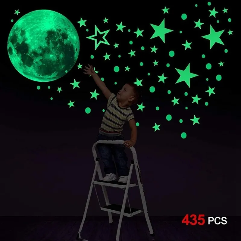 435 teile/satz Leuchtende Mond Sterne Punkte Wand Aufkleber Kinderzimmer Schlafzimmer Wohnzimmer Hause Dekoration Aufkleber Glow In The Dark Aufkleber 220727