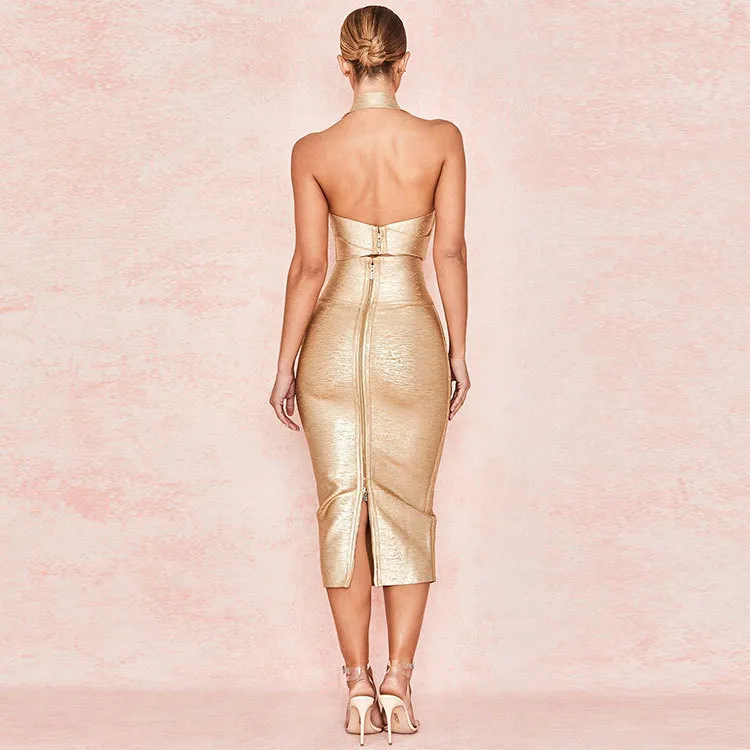 June Lips Sexy Fashion High Quality Halter Neck Gold Foil Two Piece Bandage Dresses Wholesale Drop XS-XL 220421