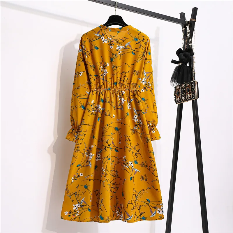Sonbahar Lady Kore tarzı vintage çiçek şifon kadınlar rahat gömlek elbise uzun kollu midi yaz za kadın elbise 220514