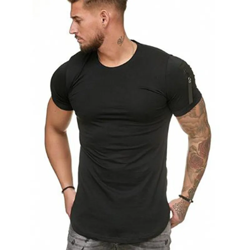 Short Sleeve Zipper Shoulder Streetwear Hip Hop Summer T Shirt Men Longline Curved Hem Tshirt Slim Funny TShirt Plus Size M3XL 220607