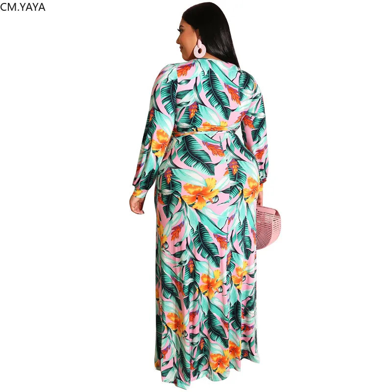 CMYAYA Plus Mize XL-5XL Autumn Women Fashion Print Sashes Long Maxi Dress Open Bodycon Night Beach Casual Dresses Vestidos 220516