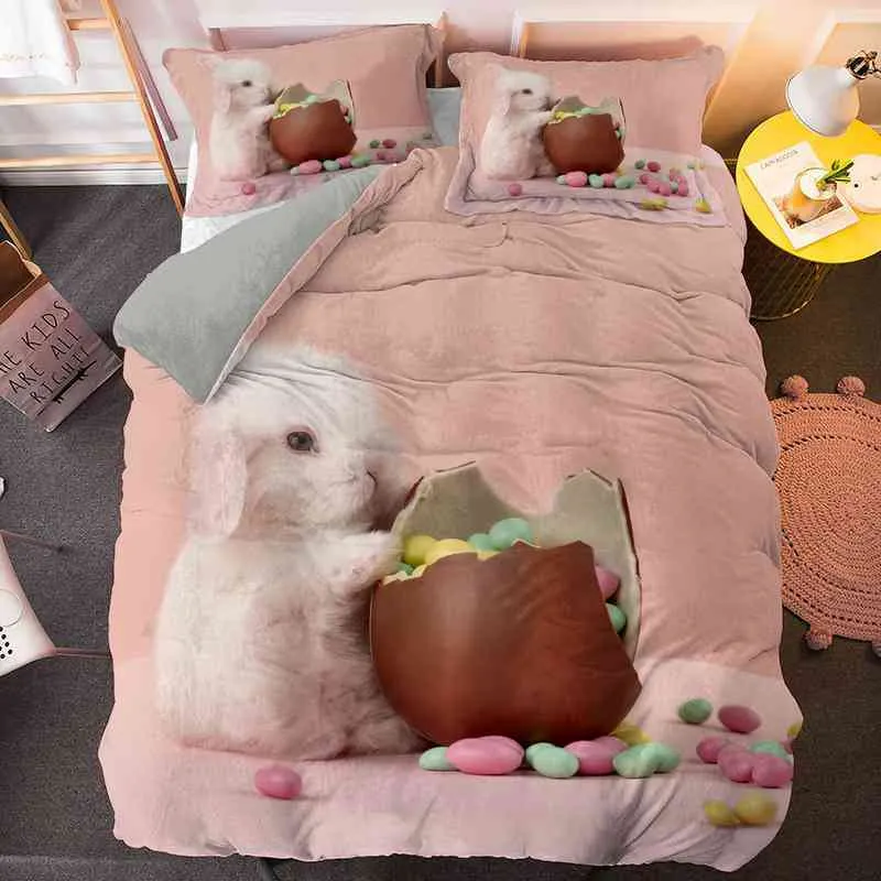 Niedliches Kaninchen-Bettwäsche-Set, Bettbezug, Reißverschluss, Einzelbett, Doppelbett, Queen-Size-Bett, Bettbezüge