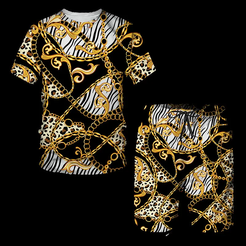 Barokke T-shirts voor Mannen / Vrouwen Zomer Oversized T-shirt / Shorts 3D Lion Head Crown Print O Neck Short Sleeve Top Mannelijke Suit 220419
