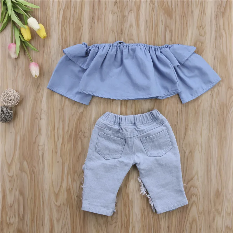 Bambino Bambini Neonate Top con spalle scoperte Pantaloni in denim Jeans con foro Abiti Abiti Moda estiva Csual Abbigliamento bambini 220608