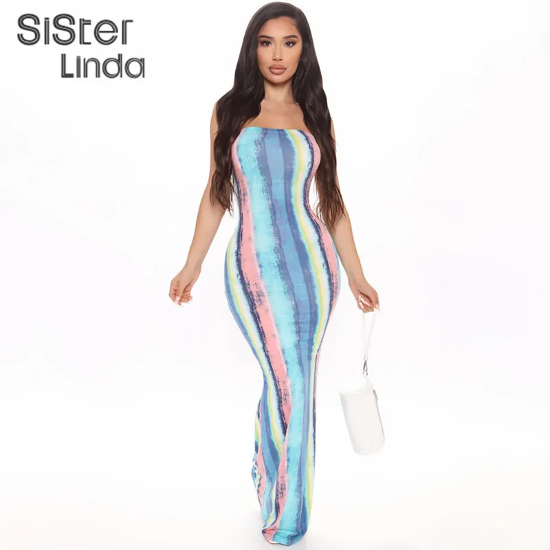 Tie Dye Skinny Strapless Maxi Dresses For Women Casual Street Sleeveless Sexy Tube Clubwear Party Birthday Dress Summerkläder 220521