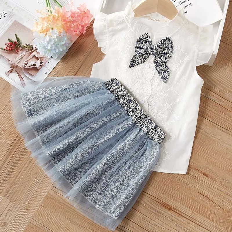 Bear Leader Girls Clothing Sets Summer Sleeveless T-shirt+Print Bow Skirt for Kids Clothing Sets Baby Clothes Outfits 220425