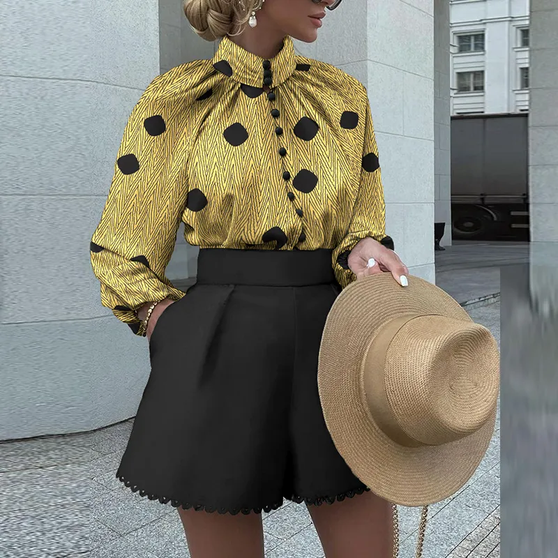 Elegant Vintage Printed Stand-Up Collar Button Shirt Fashion Pocket Shorts Suits Autumn Long Sleeve Women Set 220520