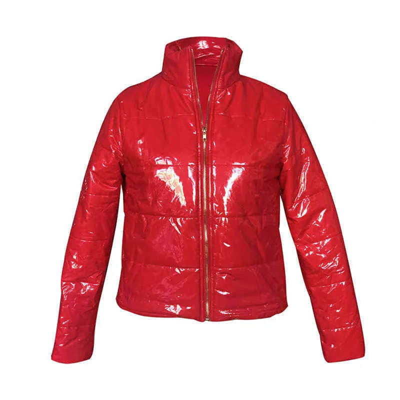 ファッションウィンターパテントレザーバブルコート女性レッドジッパー防水ラテックスジャケット女性パーカーL220801