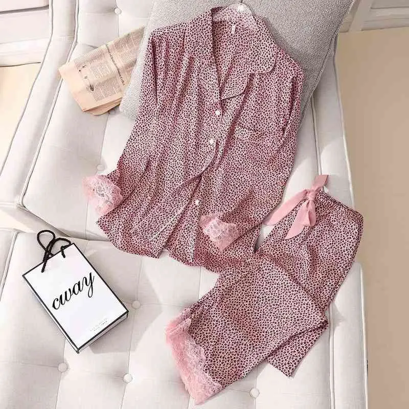 2021 Nieuwe Pajama zestaw Voor Vrouwen Lente Zomer Sexy Luipaard nachtkleding ZijDeachtig satijn nachtkleding 2 ks Night Pak Loungewear L220803