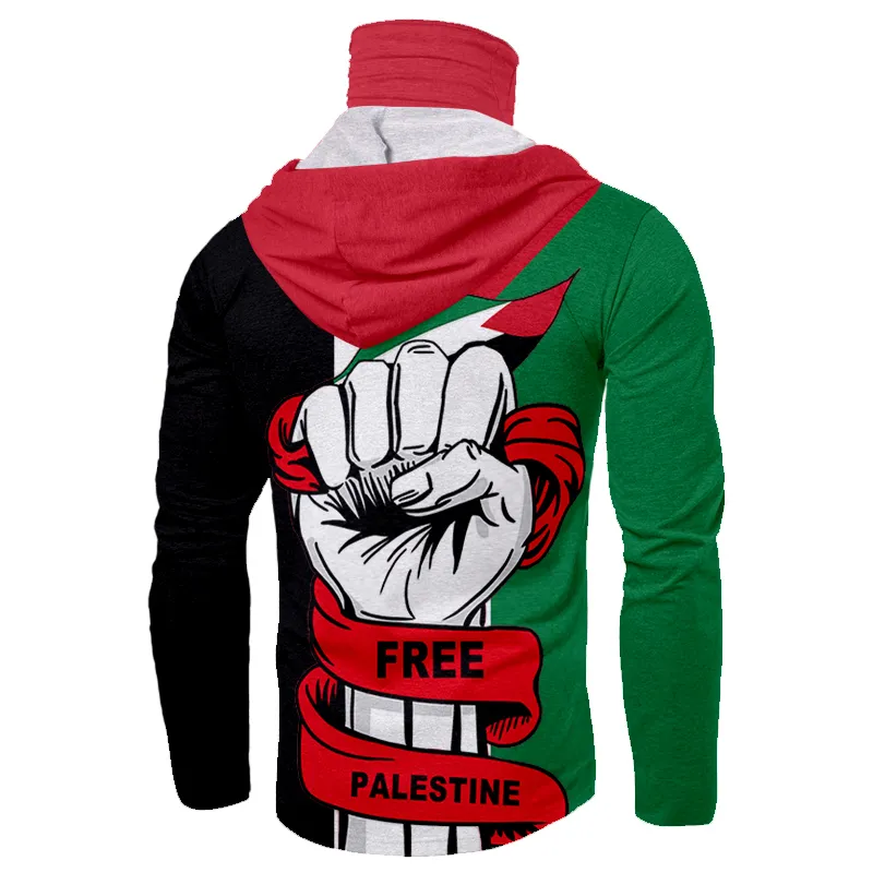 CJLM Custom Free Palestine Mask Ninja Fist Hooded Long Sleeve T-Shirt Tattoo Overdimensionerad långärmad skjorta Scarf Palestine Flag 220619