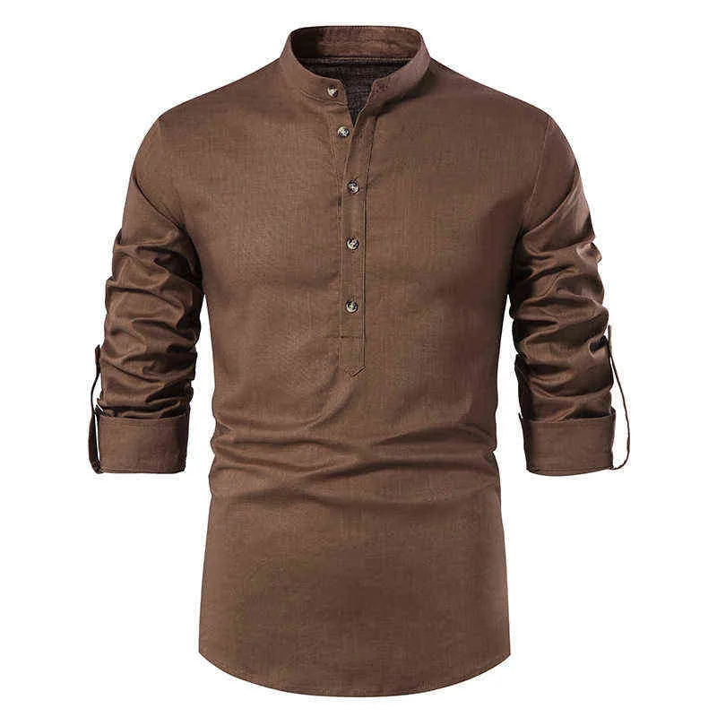 남자 긴 슬리브 티셔츠 클래식 헨리 칼라 티셔츠 2022 스프링 가을 남자 드레스 셔츠 캐주얼 티 Casual Tees 단색 남성 의류 t220808